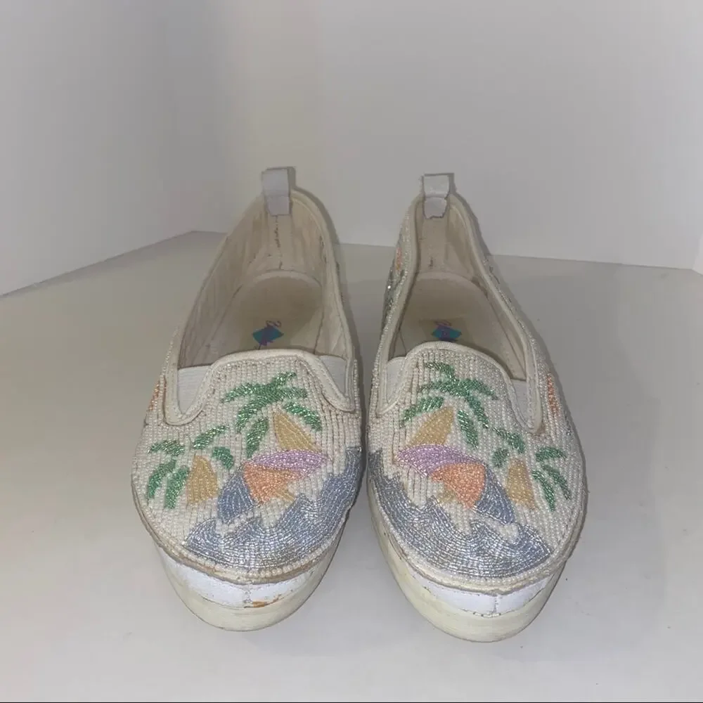 VINTAGE BEADZ beach vacation palm tree intricate beaded slip on loafters 7.5